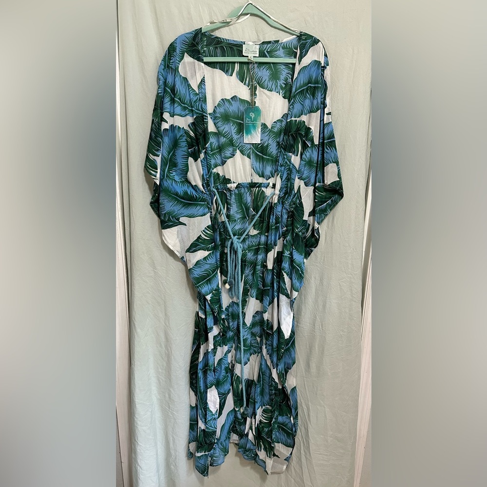 True Destinations boho blue green palms long coverup ties in front NWT